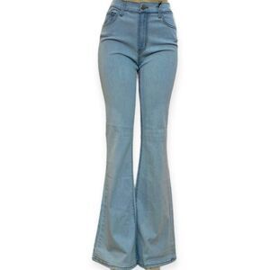 Mid Rise Faded Blue Stretch Denim Flared Bell Bottom Jeans NEW